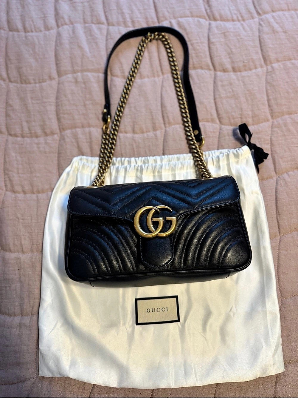 Gucci GG Marmont Small Shoulder Bag Black Chevron Quilted Leather with Heart
